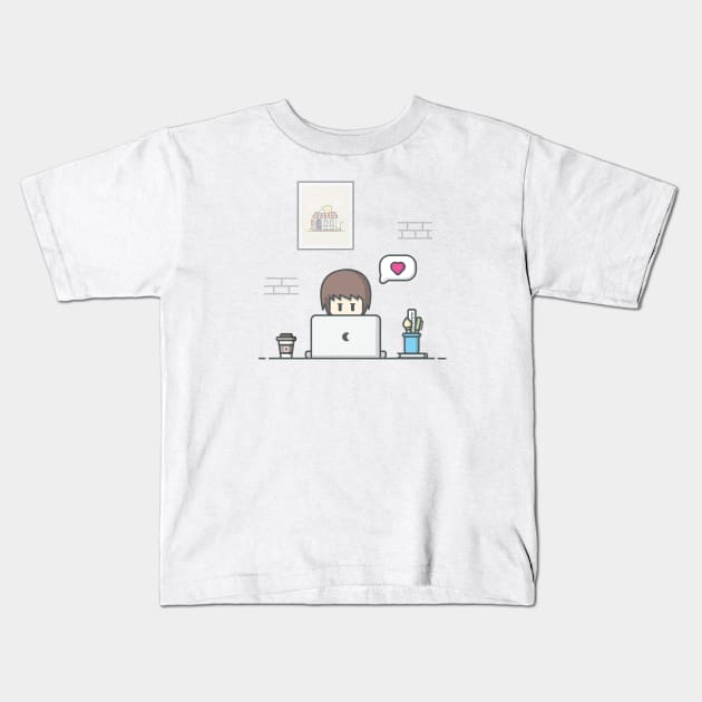 Male working on laptop cartoon Kids T-Shirt by Catalyst Labs
